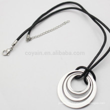 Unisex Silver Metal Three Ring Necklace With Black Leather Cord